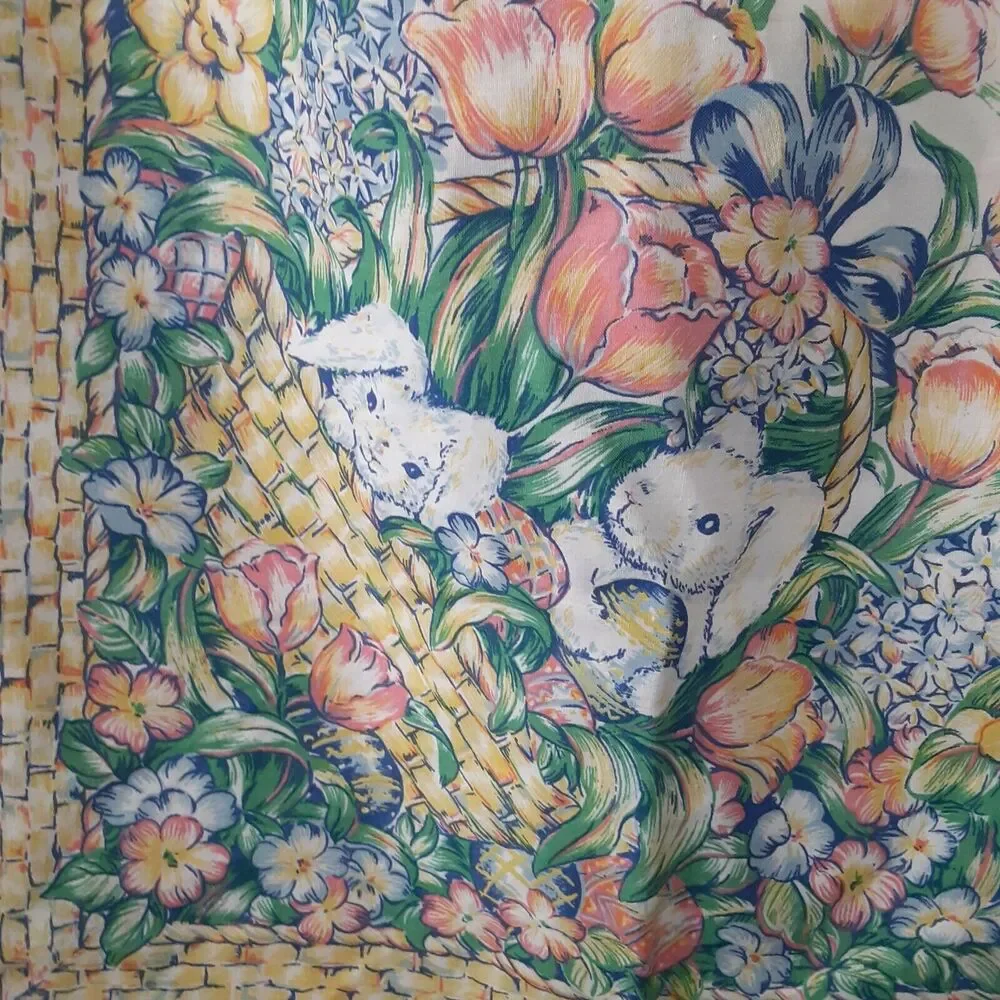 Easter Tablecloth Bunnies Baskets Chicks Eggs 51x52 Floral Cheerful